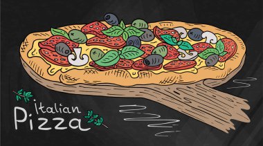 Kesme tahtası üzerinde İtalyan Pizza güzel Illustration. Tebeşir ve yazı tahtası