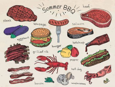 güzel illüstrasyon Yaz Barbekü gıda, kaburga, sosis, sığır eti, biftek, patlıcan, burger, pastırma, sebzeler, otlar, mantar, sıcak köpek, ıstakoz, kalamar, kalamar, ketçap, somon, biber
