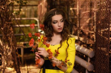 Dalgalı kahverengi saçlı güzel genç kız botanik bahçesinde kırmızı çiçekli duruyor. Doğal makyaj. Sarı elbise. Güzellik. Sağlık, moda. Doğa