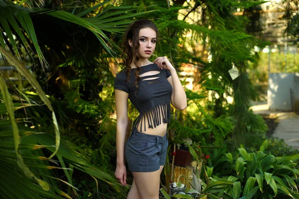 Ung Sensuell Modell Shorts Och Topp Poserar Exotisk Trädgård — Stockfoto