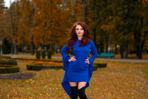 Portret Młodej Pięknej Dziewczyny Niebieskim Płaszczu Ginger Moda Kobieta Spacery — Zdjęcie stockowe