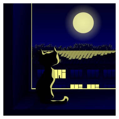Geceleri penceredeki kedi. Vektör illüstrasyonu