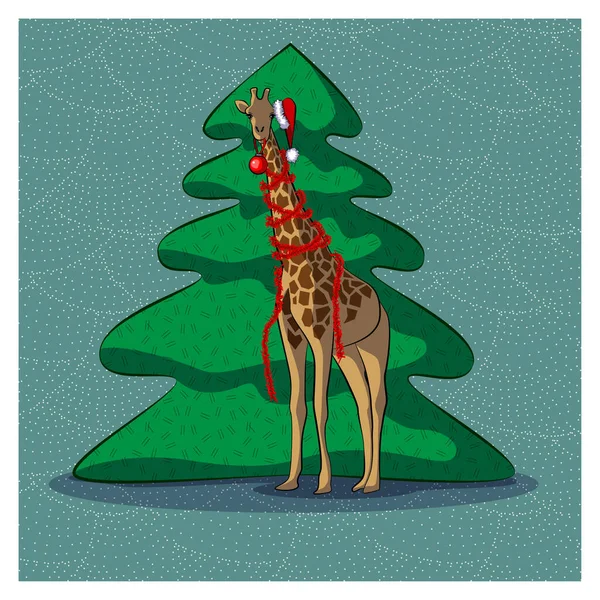 Giraff Nära Julgranen — Stock vektor