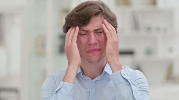 Portrait of Tired Young Businessman having Headache — Stock Video