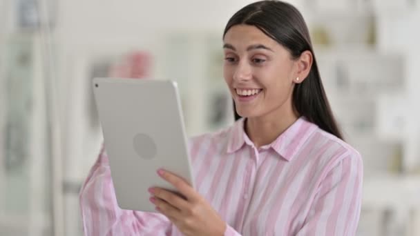 Portrait of Young Latin Woman doing Video Call on Digital Tablet — Stock Video