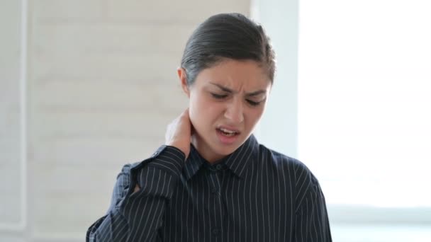 Portrait of Stressed Young Indian Woman having Neck Pain — Stok Video