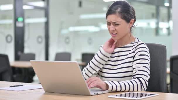 Tired Indian Woman with Laptop having Neck Pain — Stock Video