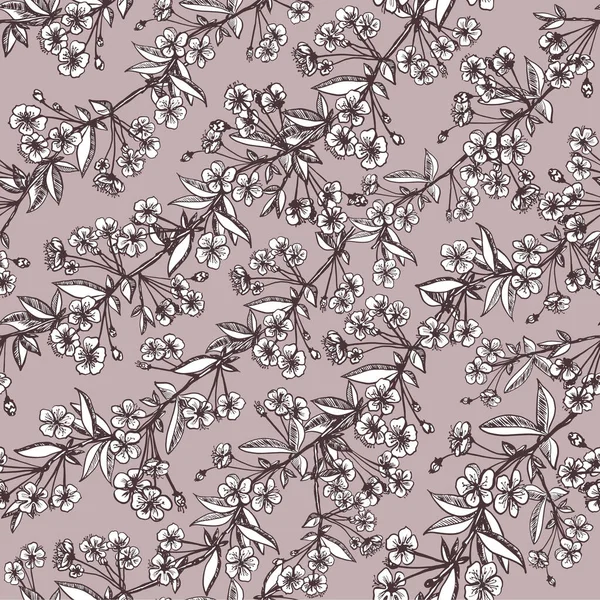 Kiraz çiçekli, kusursuz bir vektör deseni. Güzel pudralı bir ton. Mayıs kirazı..