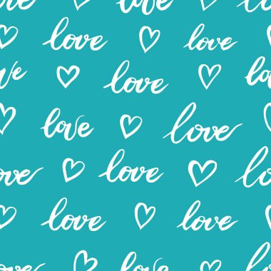 Bir dizi pürüzsüz desen. Aşk ve kalpler sözcüğü elle çizilmiş. Yumuşak pastel renkler. Pembe, bej, mavi, turkuaz. Sevgililer Günü. Kumaş ve ambalaj kağıdı dokusu.