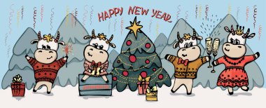 Illustration with funny cows and bulls. Celebrate the new year on the background of Christmas trees. Christmas tree. clipart