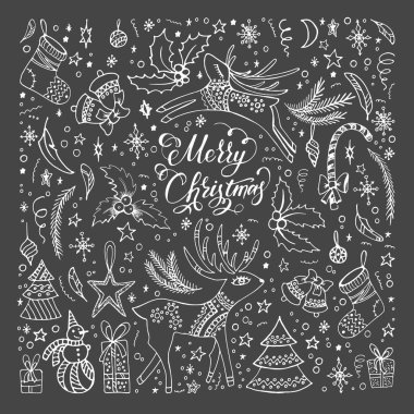 Noel temasında büyük bir Doodle vektör elemanı seti. El yapımı kar taneleri, ren geyikleri, kardan adam, yıldızlar, hediyeler, Noel ağaçları, Holly ve diğer Noel sembolleri. Karanlık bir arka planda izole edilmiş..