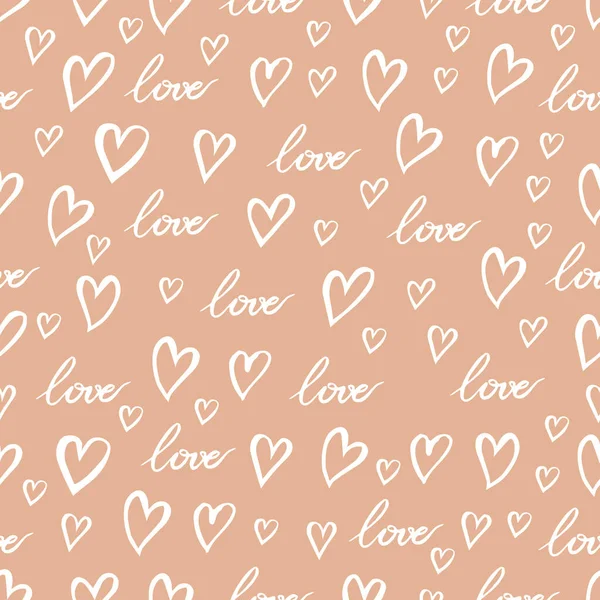 Набор Бесшовных Шаблонов Слово Любовь Сердца Нарисованы Вручную Мягкие Цвета — стоковый вектор