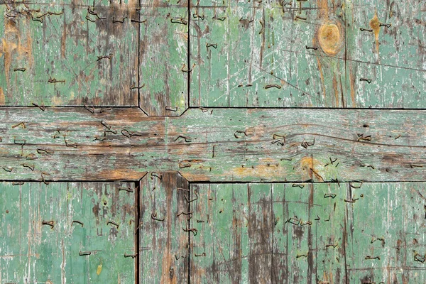 Old Chipped Wooden Teal Blue Plank Staples Texture Background — Stock Photo, Image