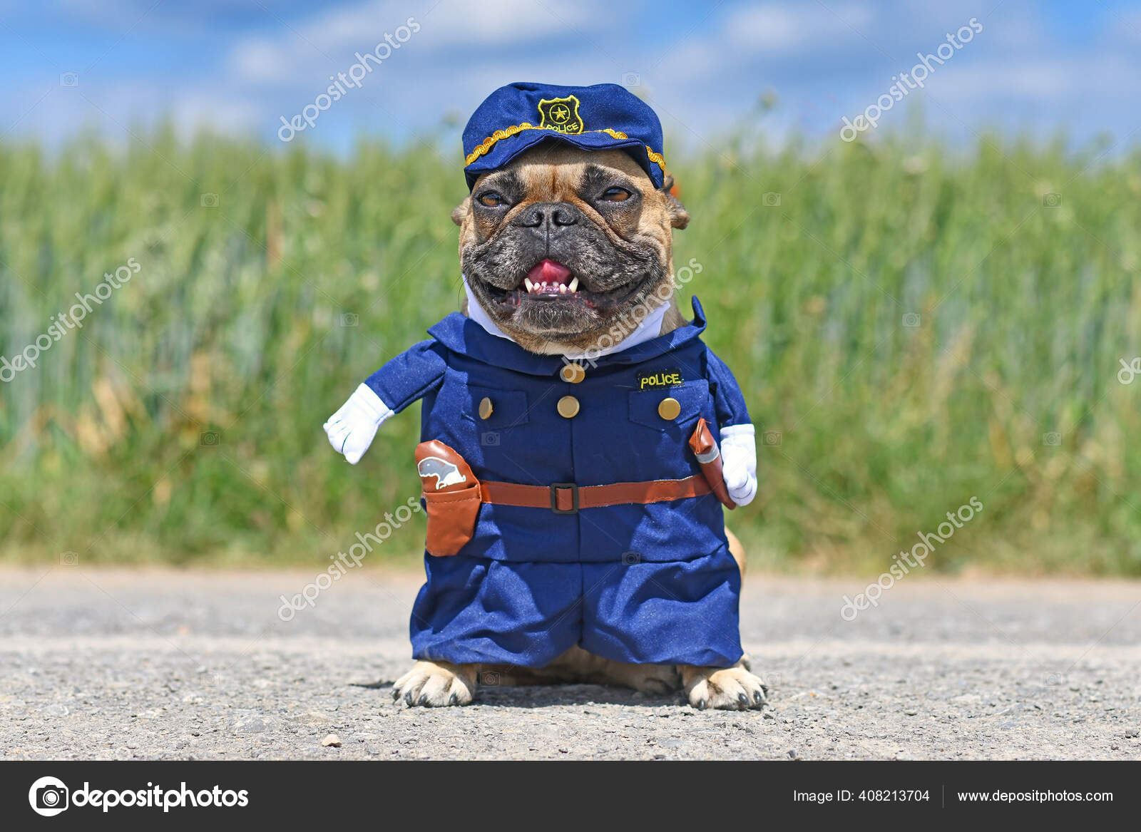 Drole Chien Bouledogue Francais Costume D halloween Policier Avec Faux Bras Photo de stock par firn 408213704