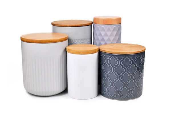 Pots Rangement Céramique Grise Avec Couvercles Bois Bambou Style Scandinave — Photo