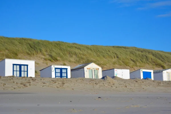 Row White Blue Beach Sheds Beach Island Texel Netherlands — Stock Photo, Image