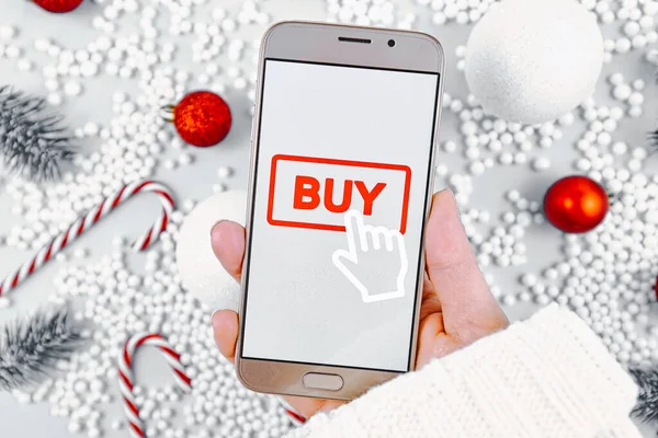 Concept Christmas Seasonal Gift Online Shopping Hand Holding Cell Phone Stock Picture