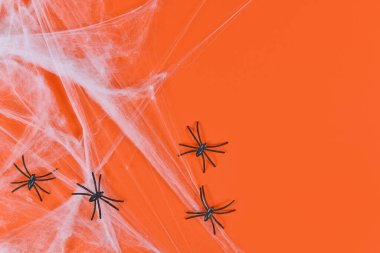 Turuncu Cadılar Bayramı arka planında boş kopya alanı olan örümcek ağı ve plastik örümcekler