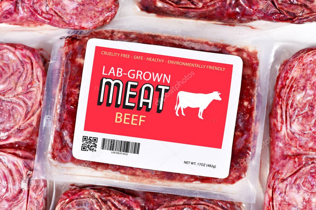 Lab grown cultured meat concept for artificial in vitro cell culture meat production with frozen packed raw meat with made up label
