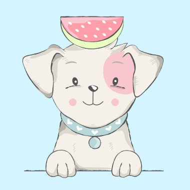 şirin bebek köpek için tebrik moda, Bebek, çocuk, duş, toz, sabun, t-shirt, baskı, ürün, el ilanı, yama, kumaş, kumaş, kiremit, kart, karpuz karikatür ile çizilmiş stil ver. vektör çizim