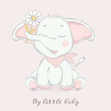 şirin bebek fil için tebrik moda, Bebek, çocuk, duş, toz, sabun, t-shirt, baskı, ürün, el ilanı, yama, kumaş, kumaş, kiremit, kart, çiçek karikatür ile çizilmiş stil ver. vektör çizim