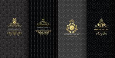 Collection of design elements,labels,icon,frames, for packaging,design of luxury products.Made with golden foil.Isolated on black background. vector illustration clipart