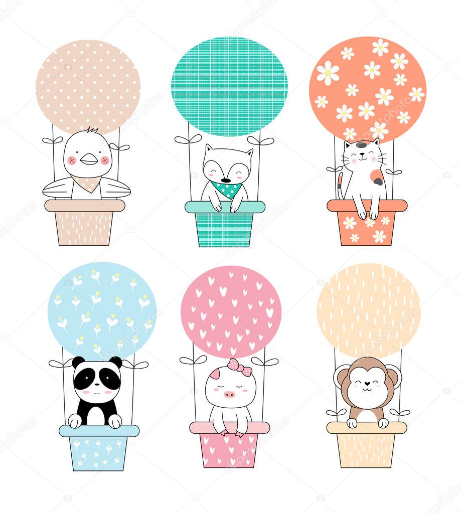 Cute baby animal with balloon cartoon hand drawn style