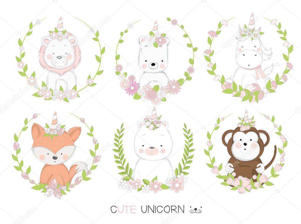 Cute baby animal cartoon hand drawn style