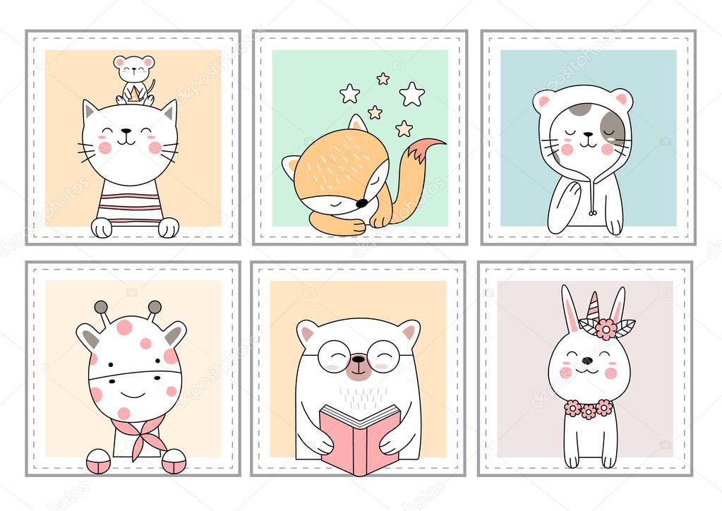 Cute baby animal cartoon hand drawn style