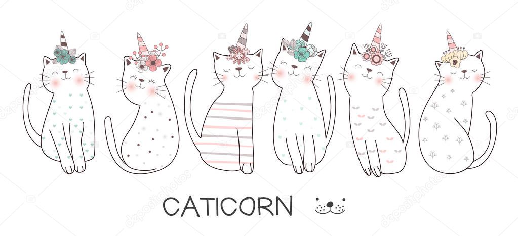 Cute baby cat cartoon hand drawn style