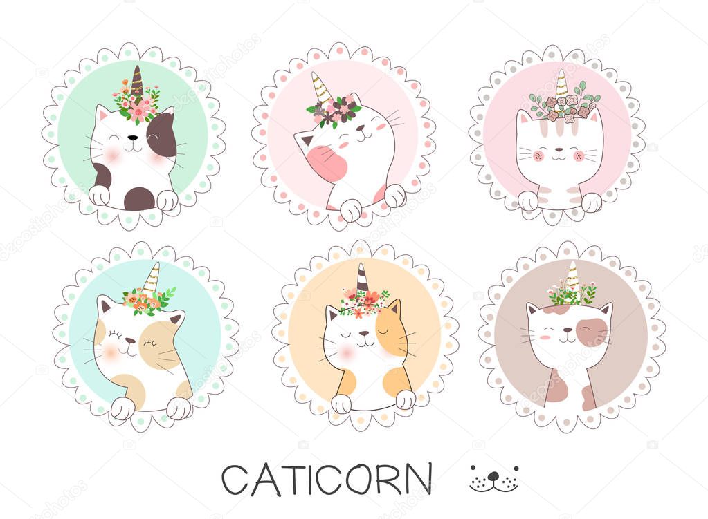 Cute baby cat cartoon hand drawn style