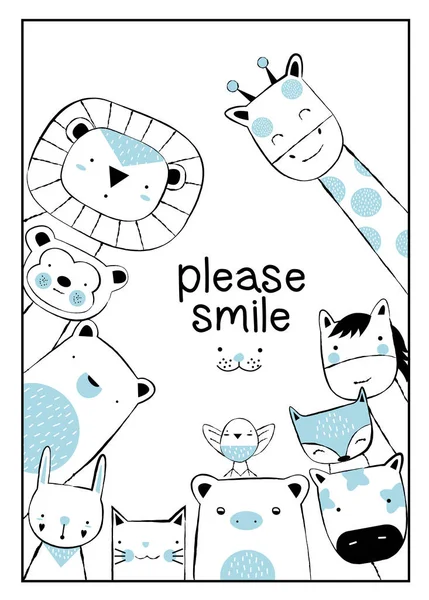 可爱的婴儿动物动画片手绘风格 — 图库矢量图片