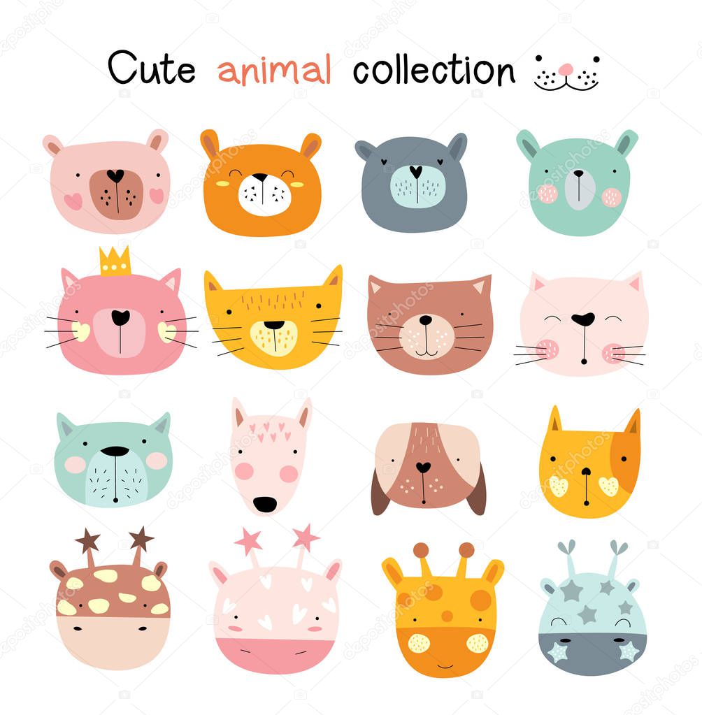 Cute baby animal with face cartoon hand drawn style