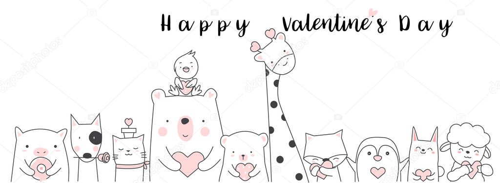 Valentine's Day background with cute baby animal cartoon hand drawn style