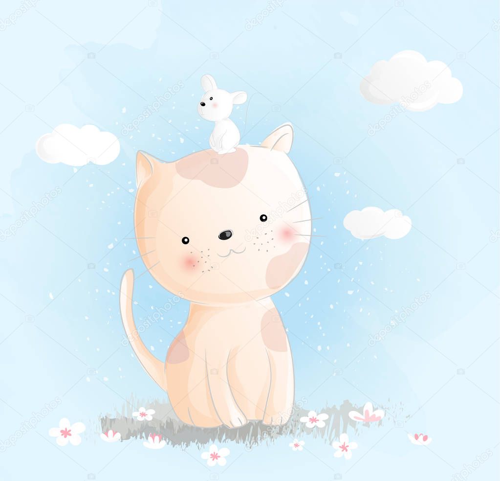 Cute baby cat watercolor style