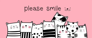 Şirin Bebek kedi baskı, afiş, t gömlek için pembe bir arka plan elle çizilmiş stili ile