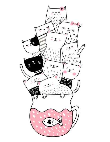 Cute baby cat with cup hand drawn style for printing,banner, t shirt — Stock Illustration Cute Baby Cat Cup Hand Drawn Style Printing Banner Shirt Vector Graphics