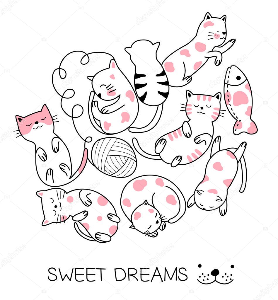 Cute baby cat cartoon hand drawn style, for printing, t shirt, card, banner.vector illustration