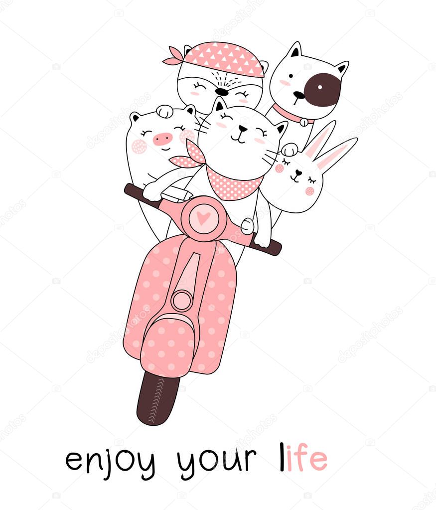 Cute baby animals with  motorcycles cartoon hand drawn style,for printing,card, t shirt,banner,product.vector illustration