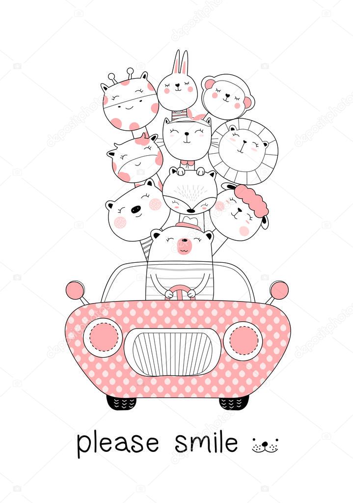 Cute baby animals with car cartoon hand drawn style,for printing,card, t shirt,banner,product.vector illustration
