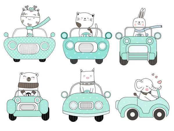 Cute baby animal with car cartoon hand drawn style, for printing, card, t shirt, banner, product.vector illustration — стоковый вектор