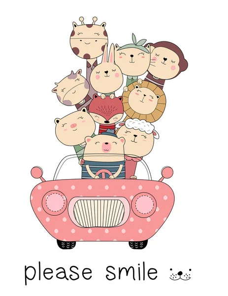 Cute baby animal with car cartoon hand drawn style, for printing, card, t shirt, banner, product.vector illustration — стоковый вектор