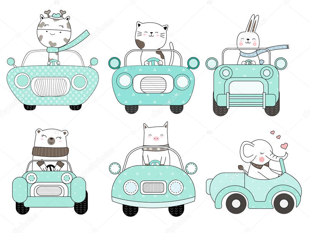 Cute baby animal with car cartoon hand drawn style,for printing,card, t shirt,banner,product.vector illustration 
