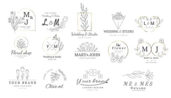 Premium blommig logo mallar för bröllop, logo typ, banner, badge, utskrift, produkt, Package. Vector illustration — Stock vektor