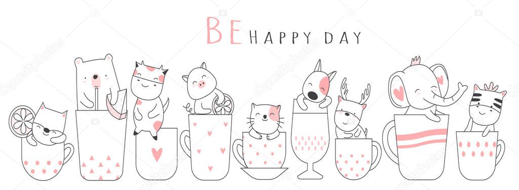 Cute baby animal with cup cartoon hand drawn style,for printing,card, t shirt,banner,product.vector illustration — Stock Illustration Cute baby animal with cup cartoon hand drawn style,for printing,card, t shirt,banner,product.vector illustration Royalty Free Stock Vectors