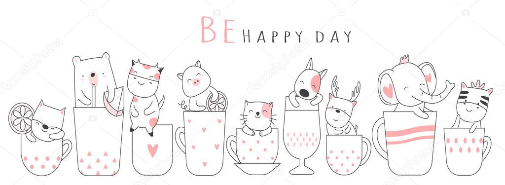 Cute baby animal with cup cartoon hand drawn style,for printing,card, t shirt,banner,product.vector illustration 