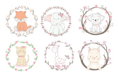 Çiçek sınır karikatür el çizilmiş tarzı ile sevimli bebek hayvan, baskı, kart, t shirt, afiş, ürün için. vektör illüstrasyon 