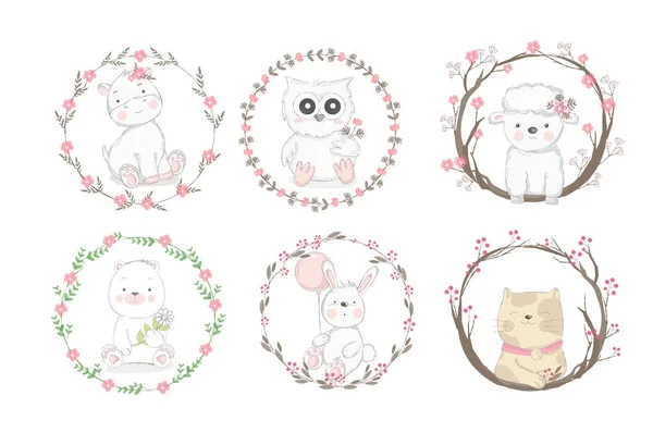 Cute baby animal with flower border cartoon hand drawn style,for printing,card, t shirt,banner,product.vector illustration — Stock Illustration Cute baby animal with flower border cartoon hand drawn style,for printing,card, t shirt,banner,product.vector illustration Stock Illustration