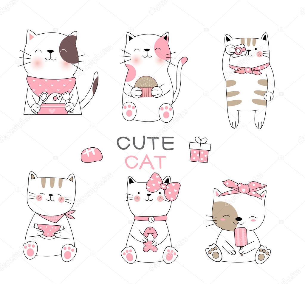 Cute baby cat cartoon hand drawn style,for printing,card, t shirt,banner,product.vector illustration 