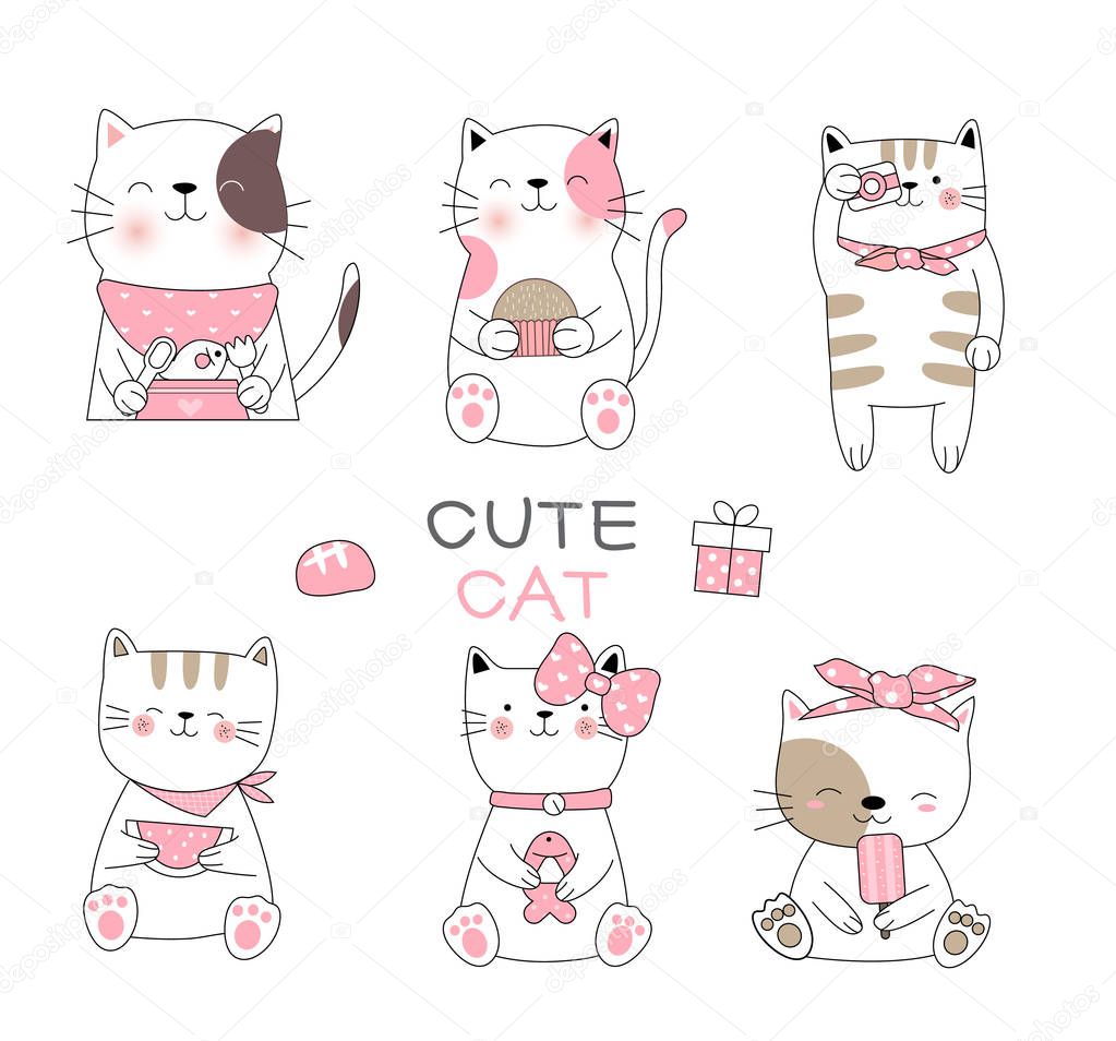 Cute baby cat cartoon hand drawn style,for printing,card, t shirt,banner,product.vector illustration